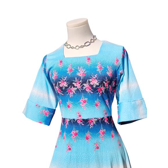 Vtg 60s Handmade Mod Hawaiian Style High Waist Blue Pink Flower Maxi Retro Dress - Picture 2 of 9